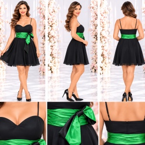 Rochie de seara scurta, neagra din voal cu insertii din saten verde - Img 2