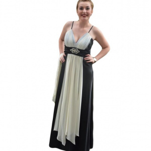 Rochie de seara spectaculoasa, lunga, din satin, cu aplicatii albe - Img 1