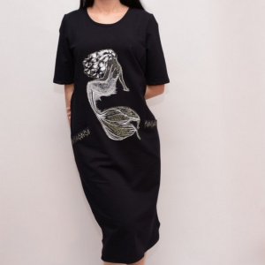 Rochie de tineret cu maneca scurta, bleumarin, cu imprimeu alb - Img 3