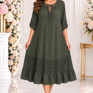 Rochie de vara Reagan cu insertii de dantela nuanta de verde inchis