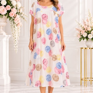 Rochie de vara,vaporoasa Alice model cu buline colorate,nuanta de pudra