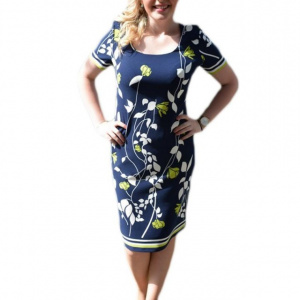 Rochie de zi, bleumarin, model cambrat pe corp, cu detalii alb-verde - Img 1