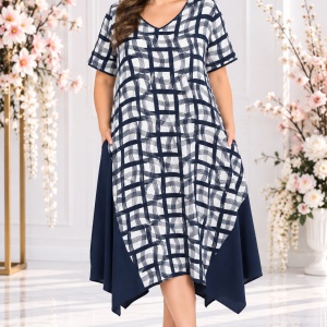 Rochie de zi cu imprimeu de patratele, culoare Bleumarin-alb