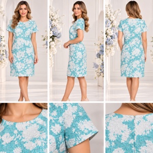 Rochie de zi din material subtire nuanta Turcoaz-alb, design imprimat - Img 2