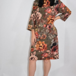 Rochie de zi Fevine cu model floral tip mozaic pe fundal kaki - Img 4