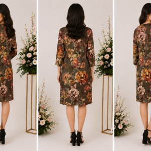 Rochie de zi Fevine cu model floral tip mozaic pe fundal kaki - Img 2