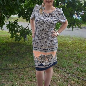 Rochie de zi, masura mare, cu imprimeu floral marunt, bleumarin - Img 2