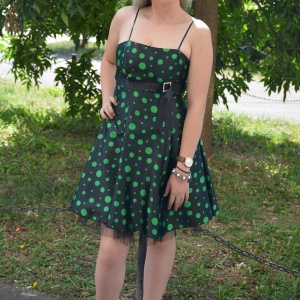 Rochie deosebita, cu buline verzi pe fond negru, model evazat - Img 7