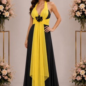 Rochie deosebita de gala, neagra cu insertii galbene, lungime maxi