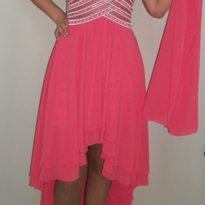 Rochie deosebita, pentru ocazii speciale, asimetrica, pe nuanta de corai - Img 3