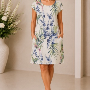 Rochie din In Natural Gardenia – Imprimeu Botanic și Buzunare Laterale