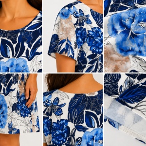 Rochie Dreaptă Damă cu Imprimeu Floral Albastru-Crem - Img 3