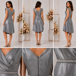 Rochie elegantă argintie cu efect strălucitor și curea cu pietre - Img 2