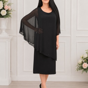 Rochie eleganta din material elastic si voal lejer aplicat, neagra