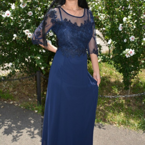 Rochie eleganta din voal combinat cu dantela eleganta, bleumarin inchis - Img 5