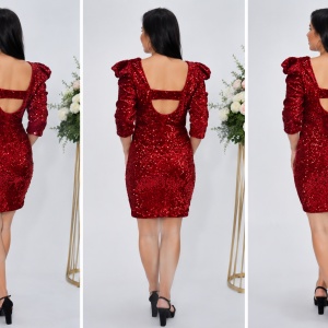 Rochie eleganta Liana cu paiete si maneci bufante,rosu - Img 2