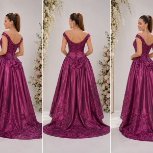 Rochie eleganta, marsala, cu croi asimetric si margele aplicate - Img 2