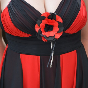 Rochie eleganta , rosie , cu benzi negre din voal - Img 5