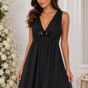 Rochie elegantă scurtă cu fundă și detalii strălucitoare – Negru
