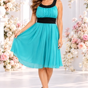 Rochie eleganta turcoaz cu design de colier din margele negre