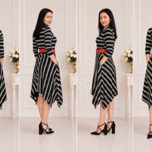 Rochie eleganta Zoey model cu dungi pepit,decolteu la baza gatului,model evazat,nuanta negru - Img 3