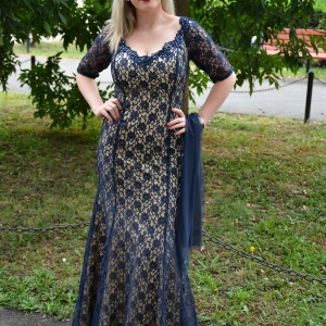 Rochie extrem de eleganta, din dantela bleumarin-crem - Img 7