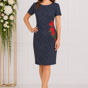 Rochie fashion cu buline albe pe fond negru si broderie rosie