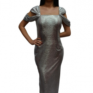 Rochie fashion de culoare argintie, model lung cu decupaje - Img 1