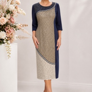 Rochie fashion de culoare bleumarin combinata cu insertii aurii