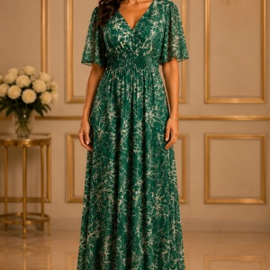 Rochie fashion de ocazie, model lung in nuanta verde-auriu