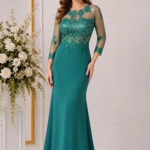 Rochie fashion de seara, verde, model lung cu broderie 3D