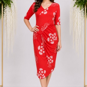 Rochie fashion, nuanta de rosu, design floral fin