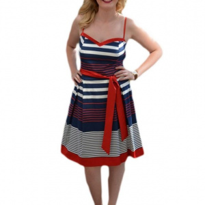 Rochie feminina ,cu dungi subtiri alb-bleumarin-rosu - Img 1
