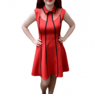Rochie feminina, nuanta de rosu, design de dungi negre verticale - Img 1
