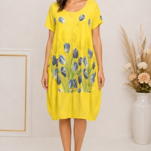 Rochie galbenă de damă cu imprimeu floral – 95% bumbac