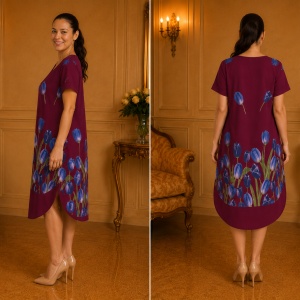Rochie lejeră din in și bumbac cu imprimeu floral – bordo, croi confortabil de vară - Img 3
