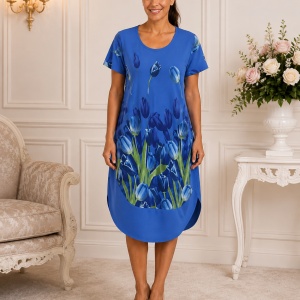 Rochie lejeră din in și bumbac cu imprimeu floral –bleumarin, croi confortabil de vară