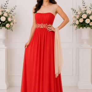 Rochie lunga, eleganta, de culoare rosie, din voal cu broderie