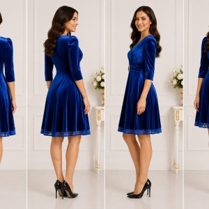 Rochie Mara din catifea cu insertii de dantela,albastru deschis - Img 3