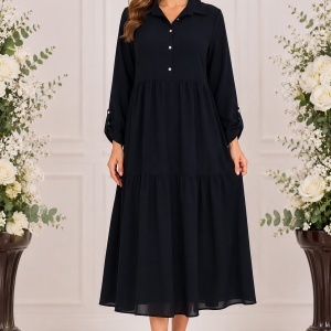 Rochie Midi Elegantă Bleumarin cu Croială Lejeră și Volane