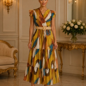Rochie Midi Elegantă Multicoloră cu Imprimeu Artistic, Decolteu Petrecut și Volane
