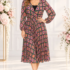 Rochie midi multicolor cu imprimeu geometric și decolteu în V