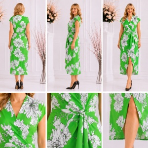 Rochie midi verde cu imprimeu floral alb și croială petrecută , curea neagra - Img 2