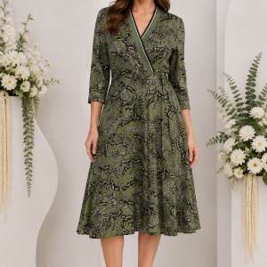 Rochie midi verde cu imprimeu și decolteu petrecut