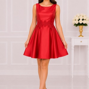 Rochie moderna de seara cu pliuri mari in talie, culoare rosie