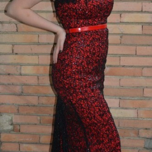Rochie moderna de seara, de culoare rosie, model lung cu trena - Img 2