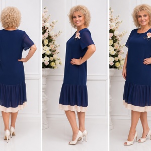 Rochie moderna din voal bleumarin-roz, croiala asimetrica - Img 2