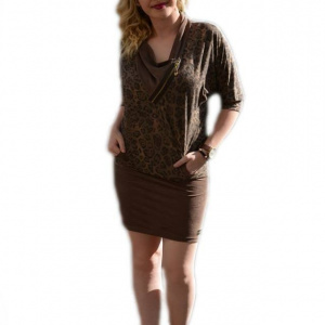 Rochie moderna, guler cazut, de culoare maro - Img 1