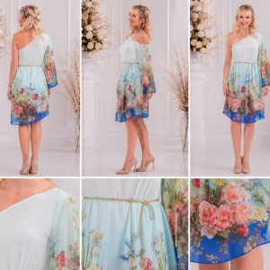 Rochie moderna one-shoulder, culoare albastra, cu flori colorate - Img 2