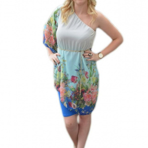 Rochie moderna one-shoulder, culoare albastra, cu flori colorate - Img 1